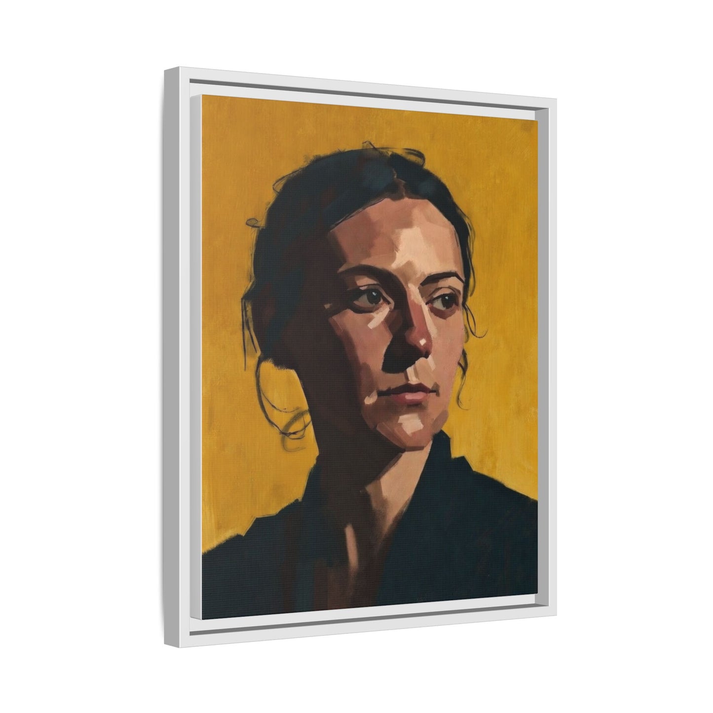 Framed Matte Canvas Portrait Art — Moody Woman on Mustard Background