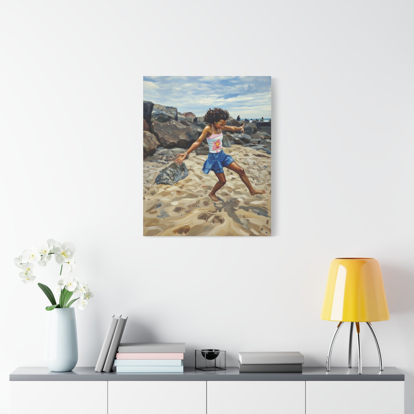 Beach Joy Canvas Print — Child Playing on Sand Stretched Matte Wall Art
