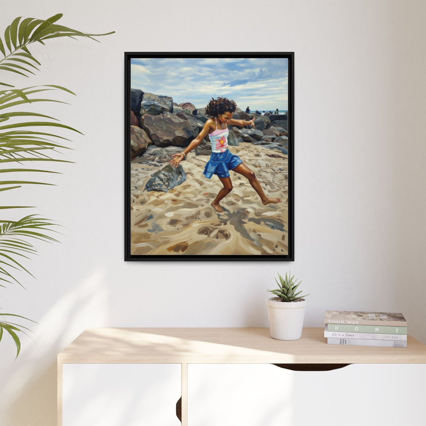 Framed Canvas Art - Girl Dancing on the Beach (Matte Multi-Color)