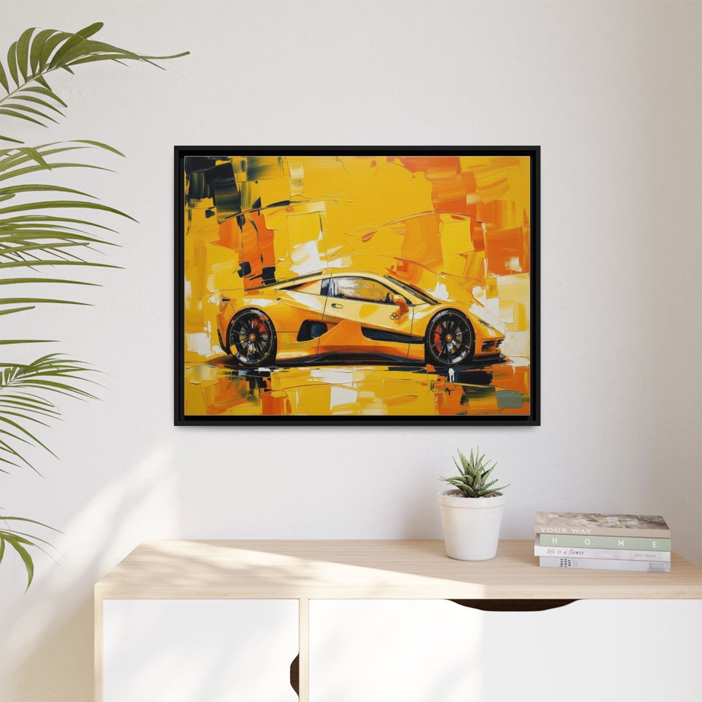 Yellow Sports Car Abstract Matte Canvas Framed Print