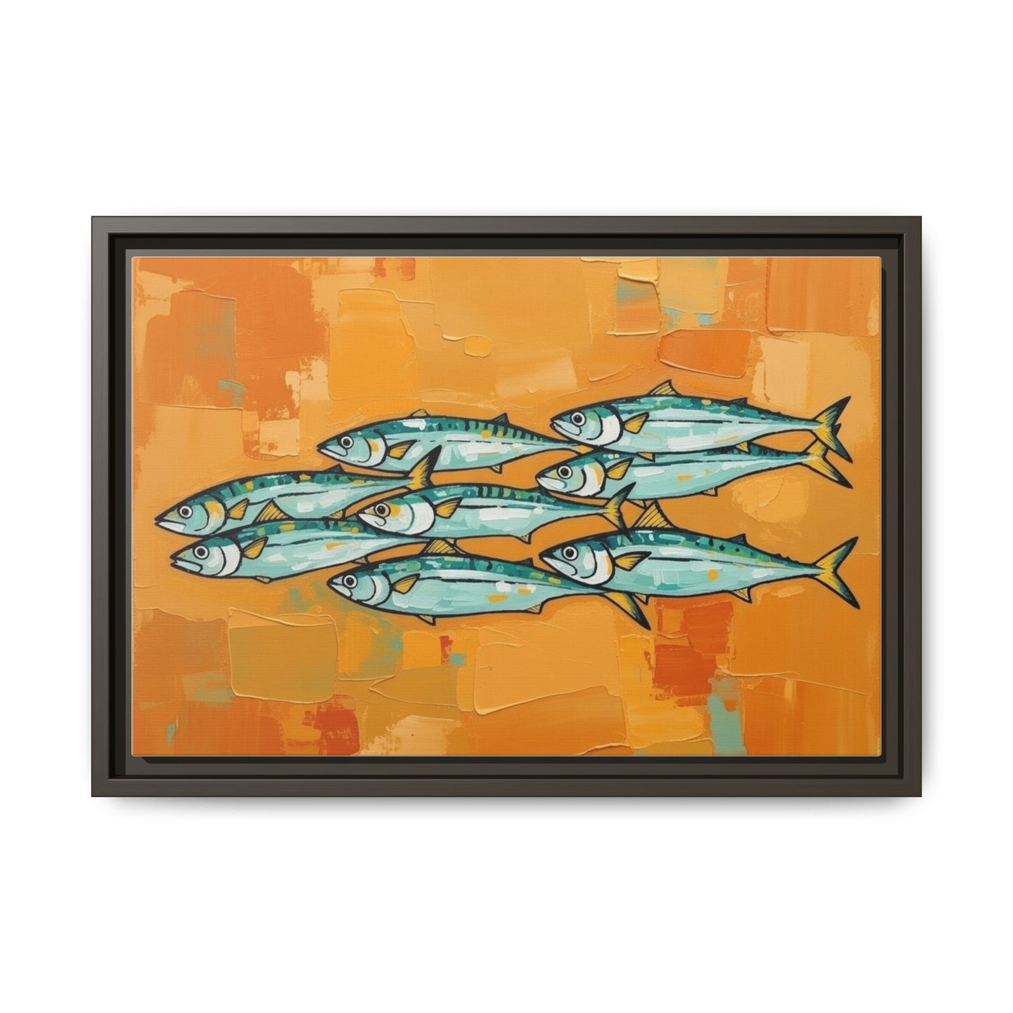 Framed Matte Canvas Print — School of Blue Fish on Orange Abstract Background