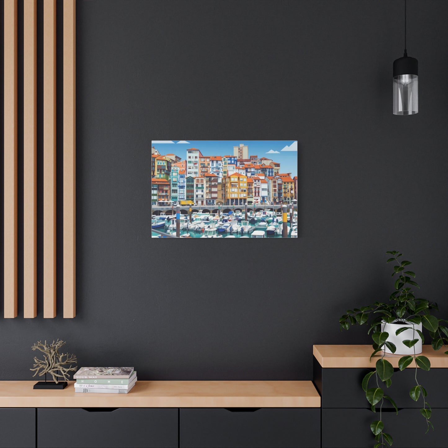 Colorful Coastal Harbor Matte Canvas Print — Stretched Wall Art