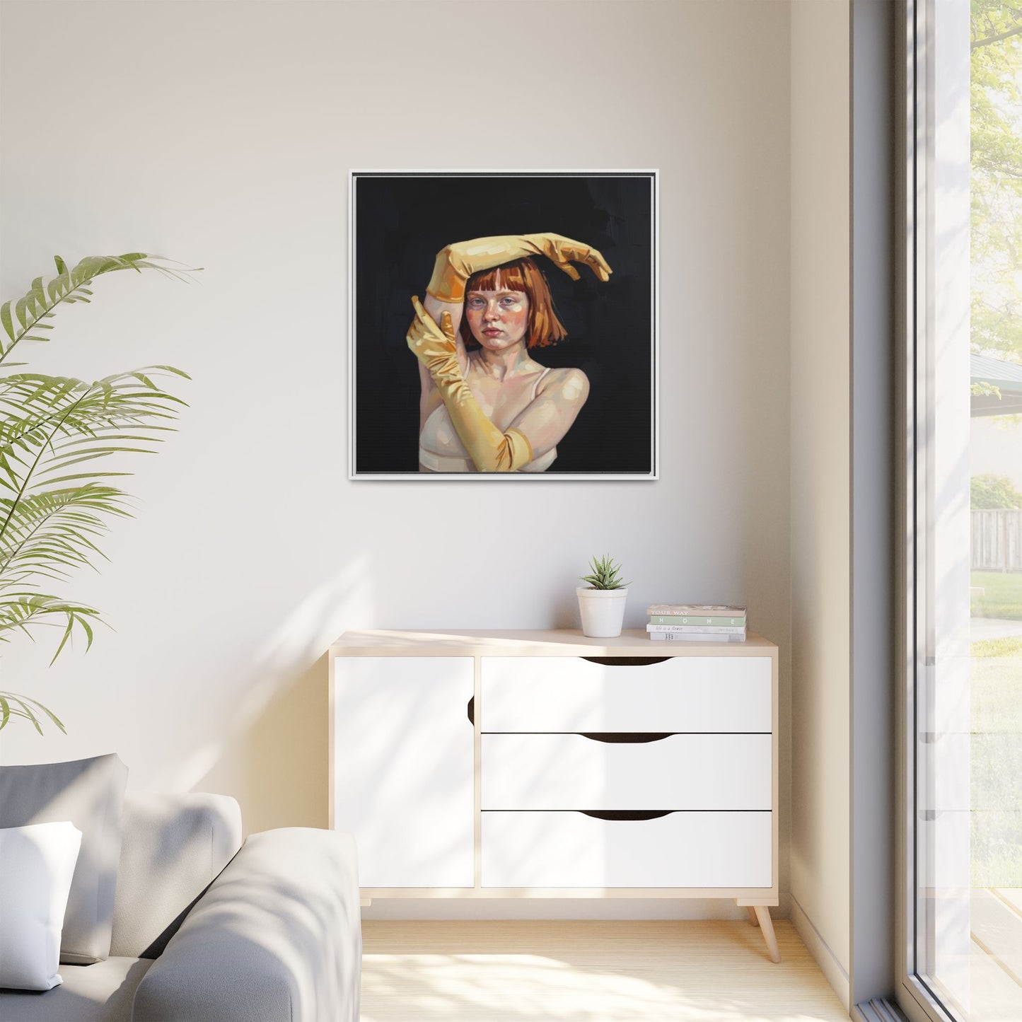 Framed Matte Canvas Art – Portrait of Woman in Yellow Gloves