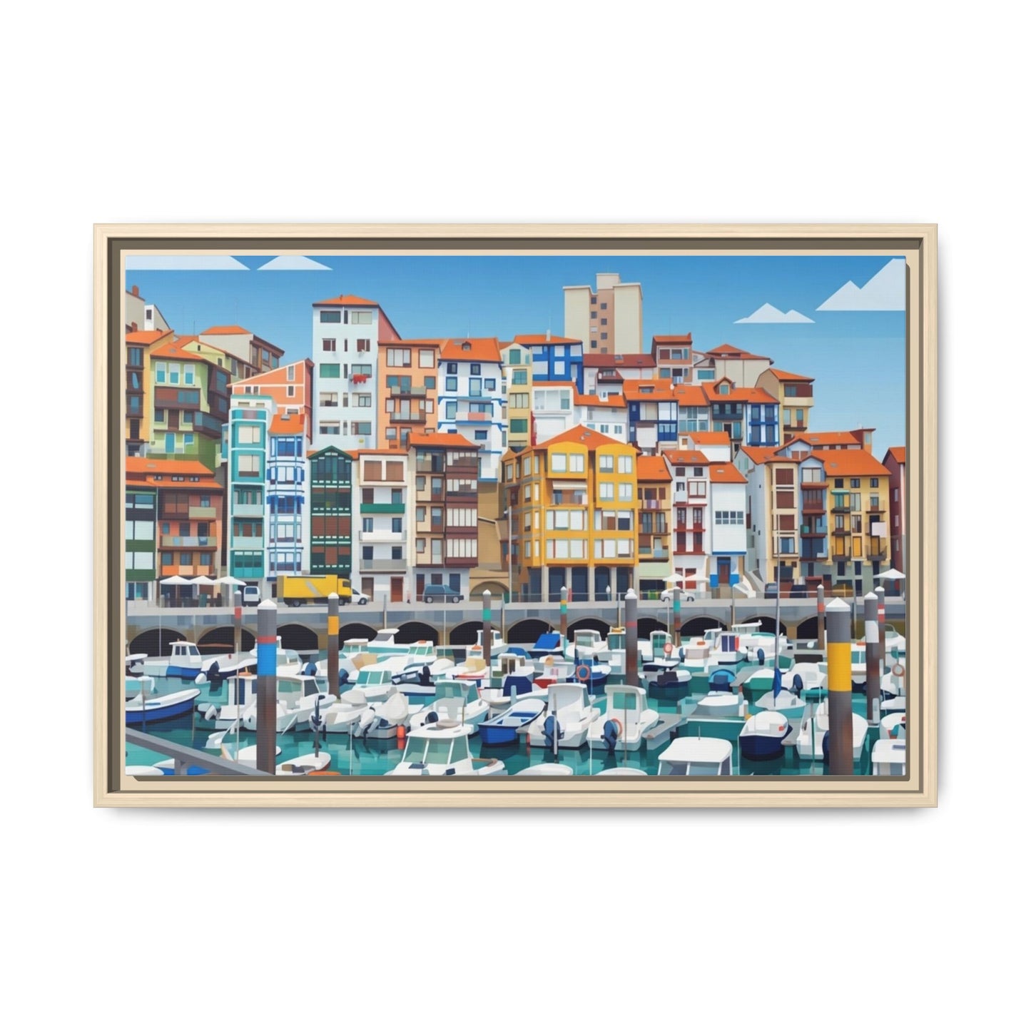 Framed Matte Canvas Print — Colorful Mediterranean Harbor Illustration