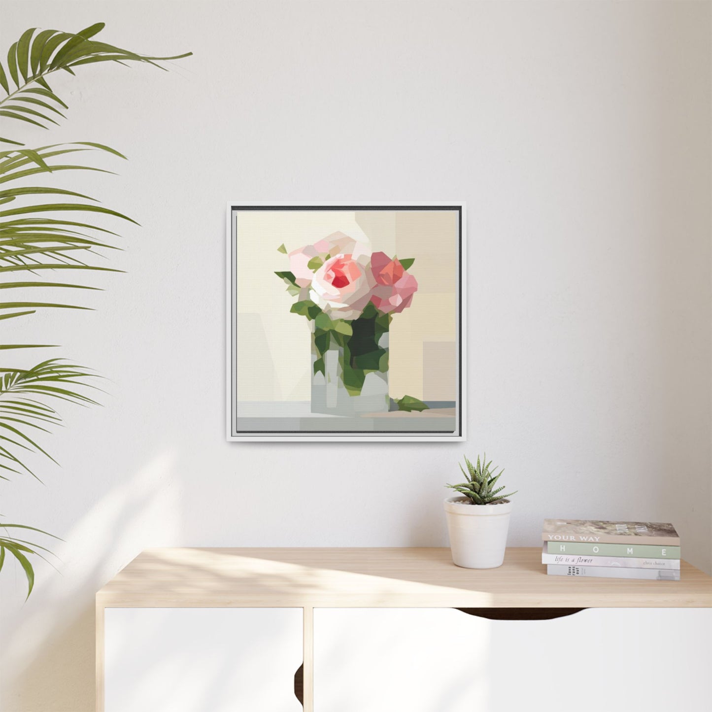 Framed Floral Canvas Print — Geometric Pink Rose Wall Art