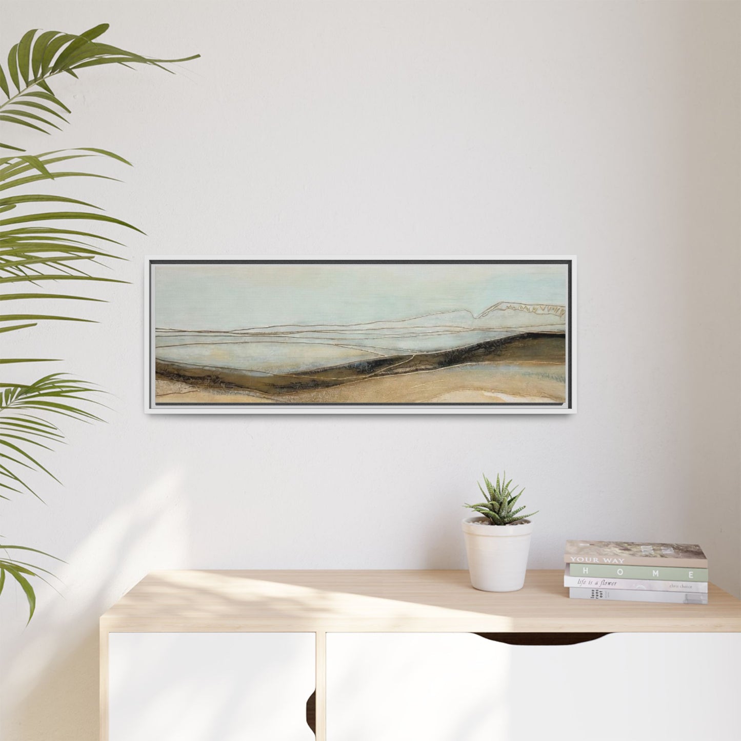 Framed Matte Canvas Wall Art — Neutral Abstract Landscape in Soft Blues & Earth Tones