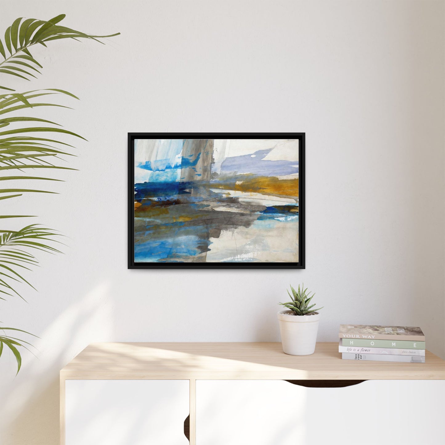 Abstract Blue & Gold Framed Canvas Art — Matte Multi-Color Wall Print