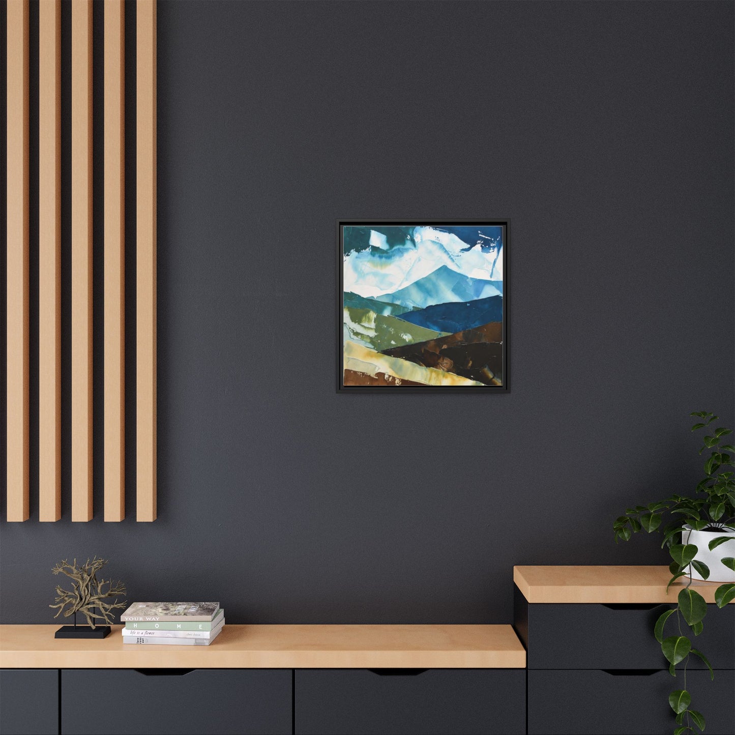 Framed Abstract Mountain Canvas Art — Blue & Earthtone Landscape Print