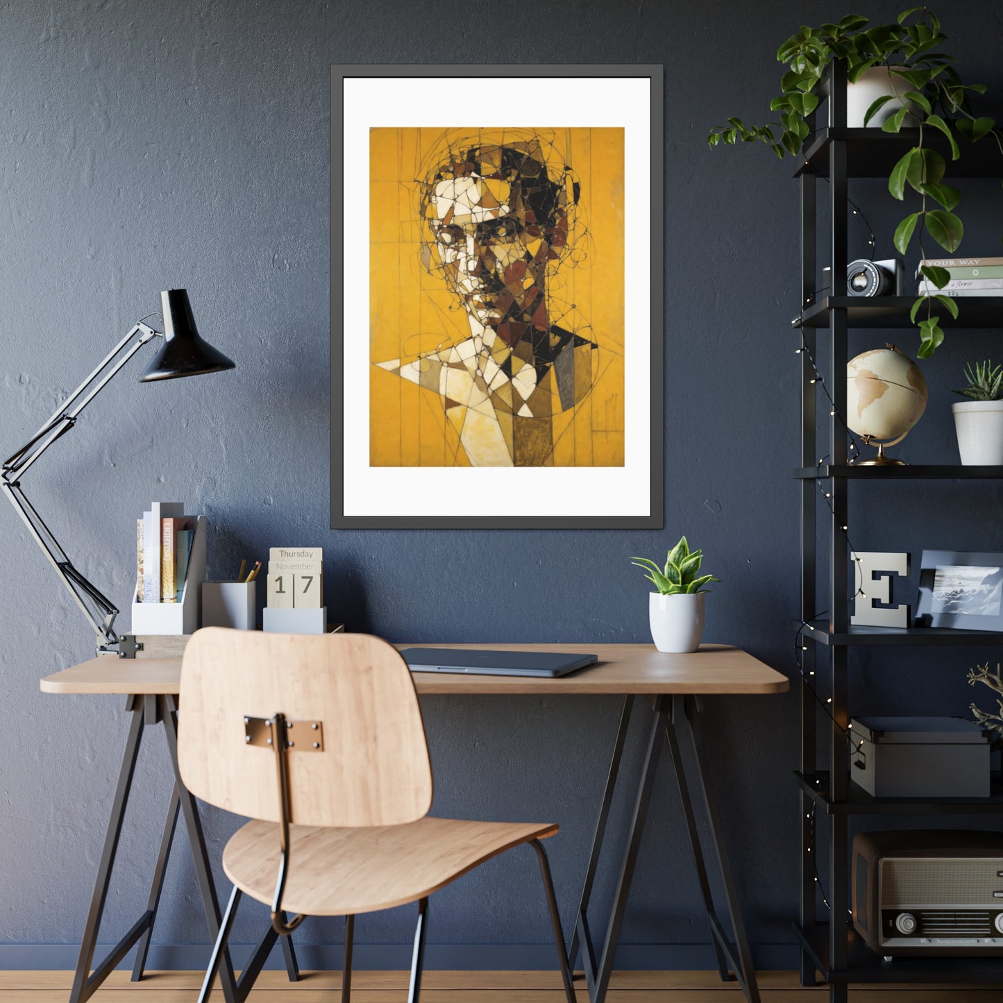Framed Poster — Abstract Geometric Portrait on Mustard Yellow