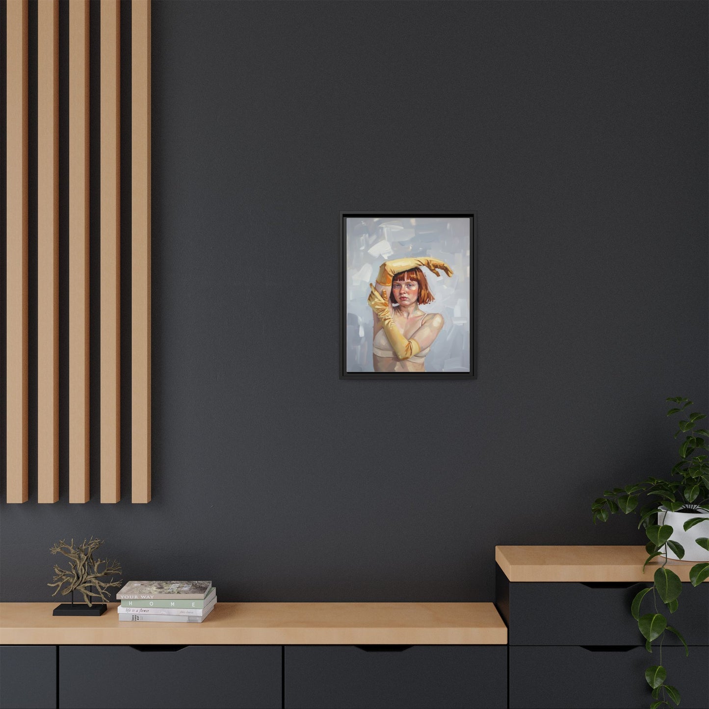 Contemporary Portrait Canvas Print — Woman with Yellow Gloves (Framed Matte)