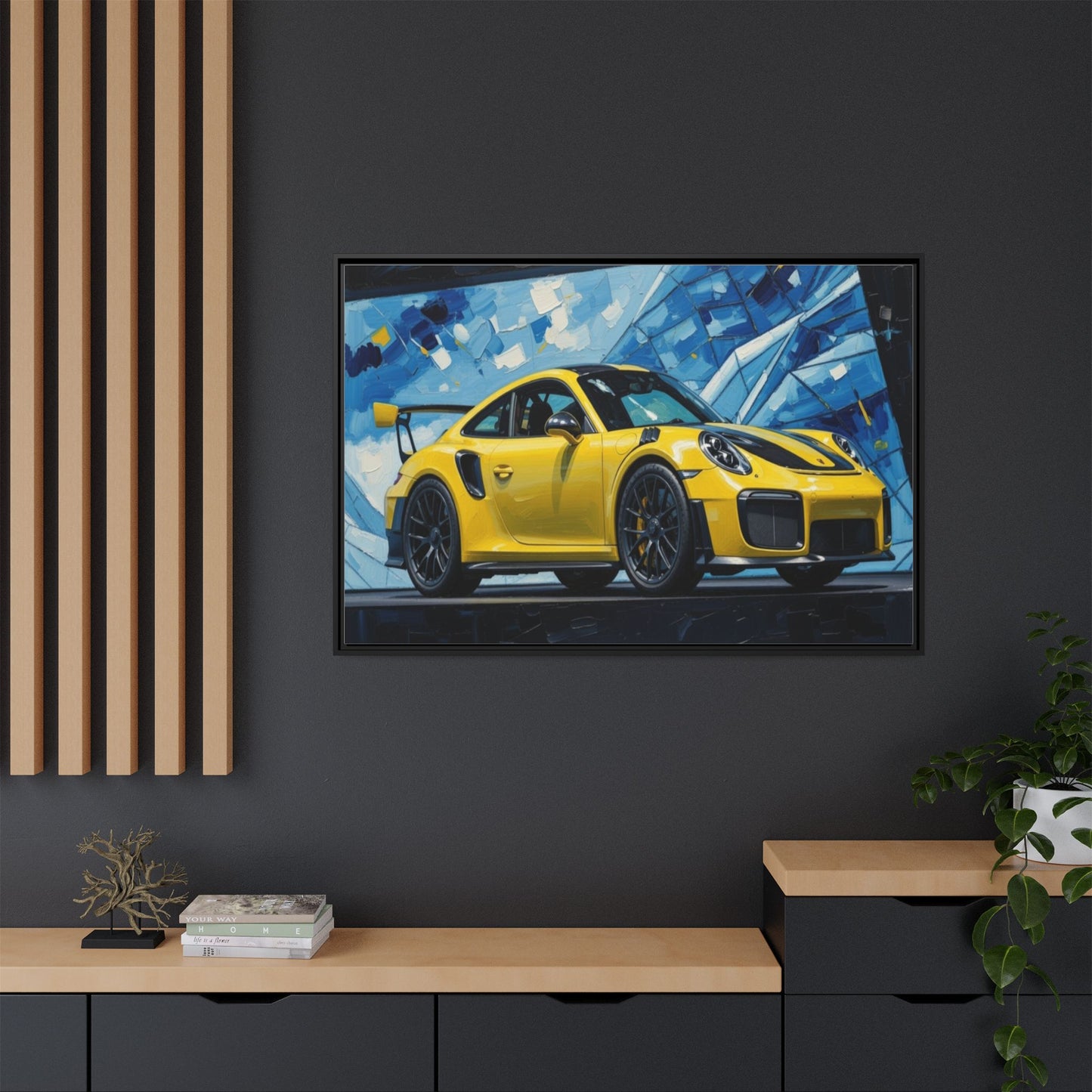 Yellow Porsche Sports Car Matte Framed Canvas – Modern Automotive Wall Art