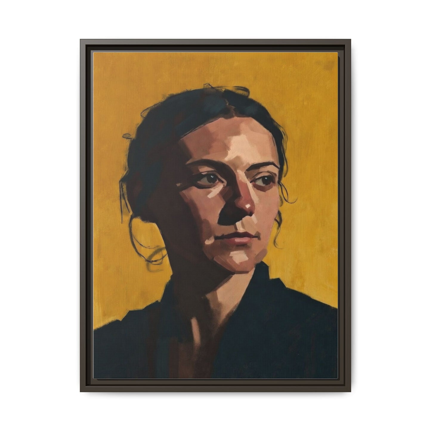 Framed Matte Canvas Portrait Art — Moody Woman on Mustard Background