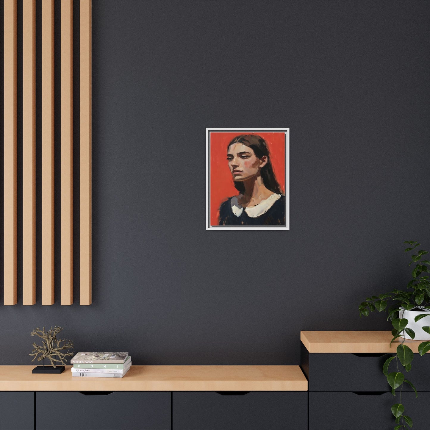 Framed Matte Canvas Portrait Print — Moody Red Figurative Art