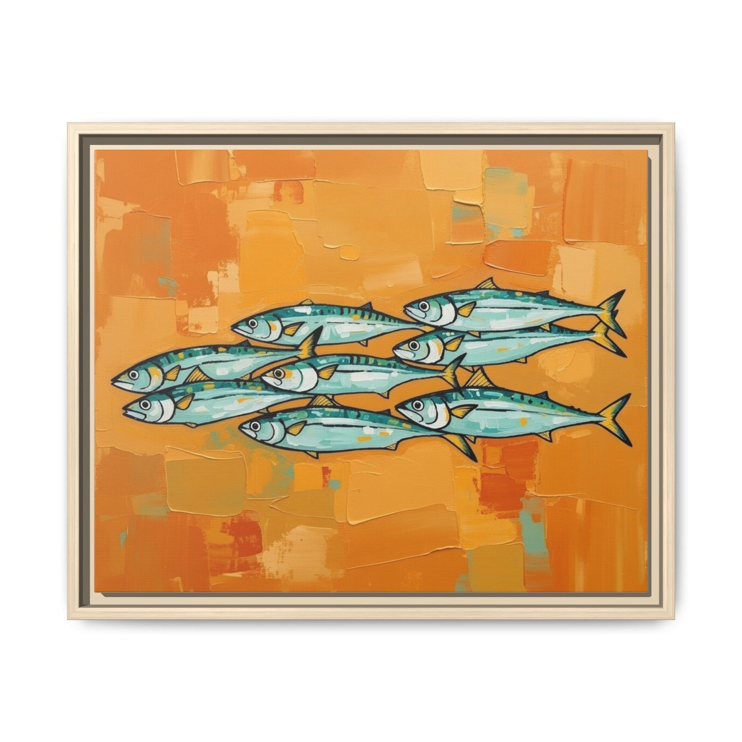 Framed Matte Canvas Print — School of Blue Fish on Orange Abstract Background