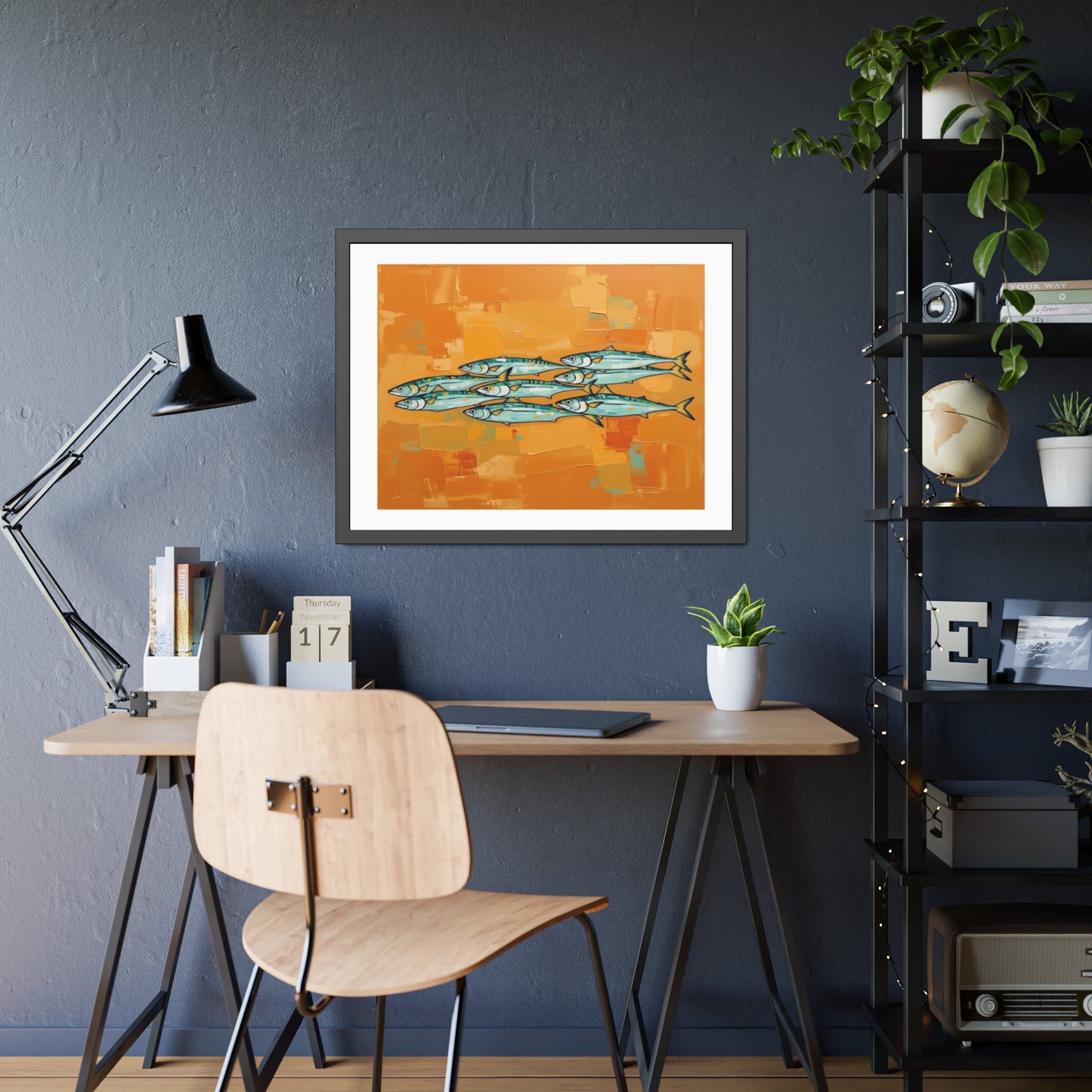 Framed Fish Art Print — School of Mackerel on Orange Abstract Background
