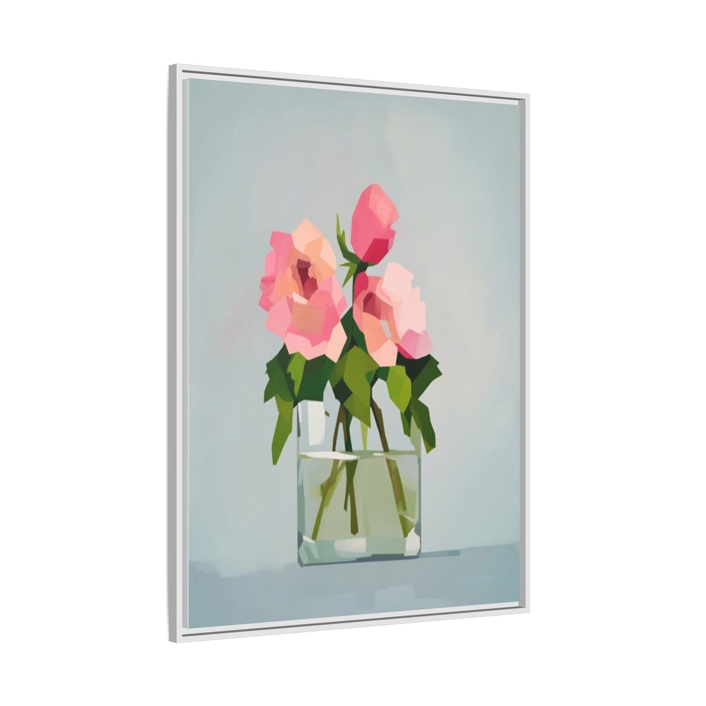 Framed Floral Canvas Print — Pink Roses in Glass Vase (Matte)