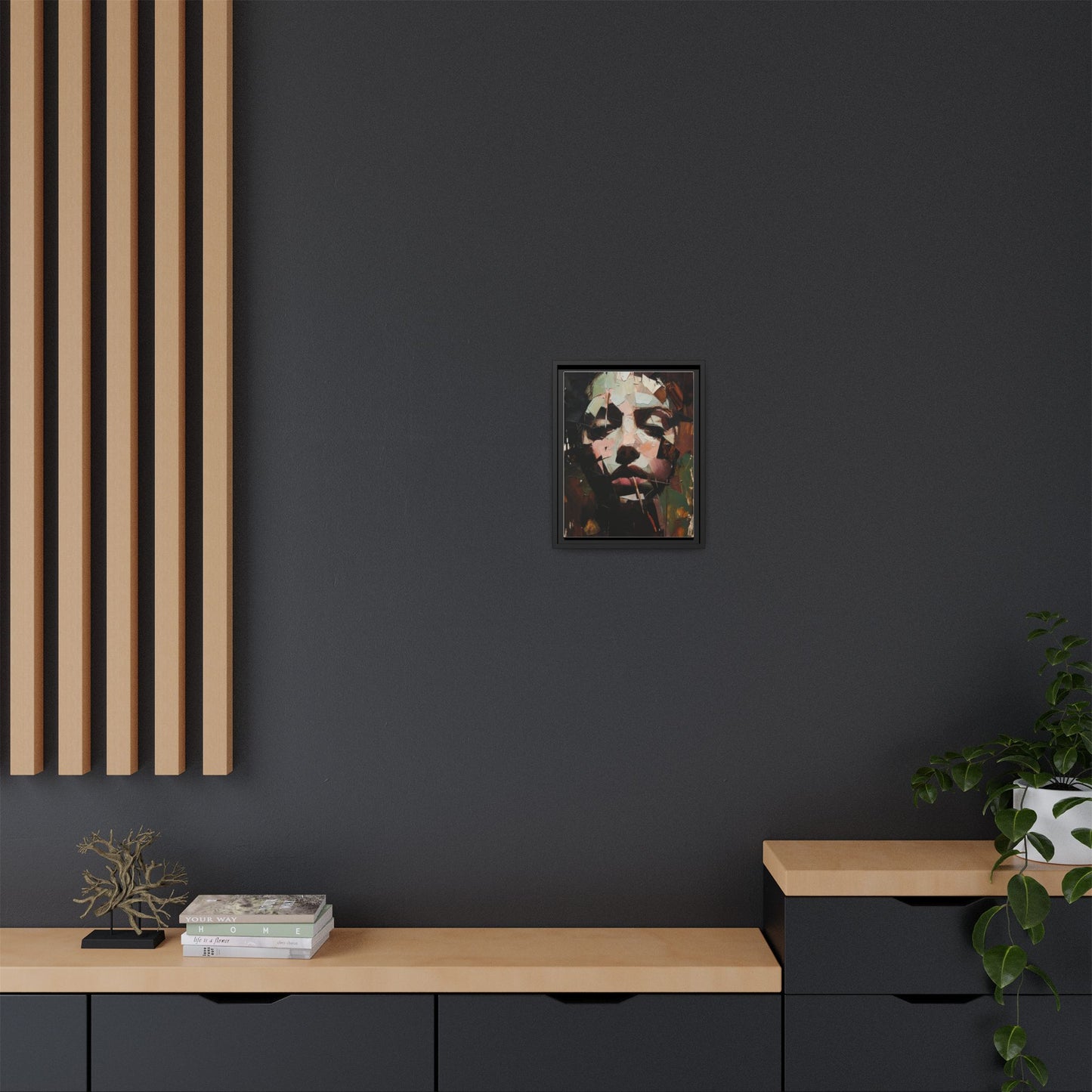 Matte Framed Canvas Art — Abstract Female Portrait, Moody Multicolor