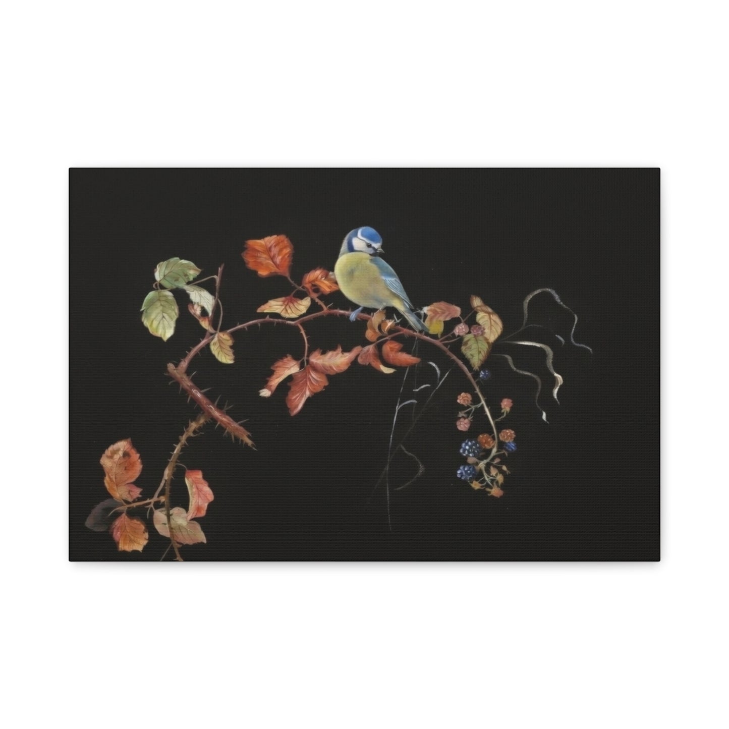 Canvas Wall Art - Blue Tit on Autumn Branch, Stretched Matte Canvas