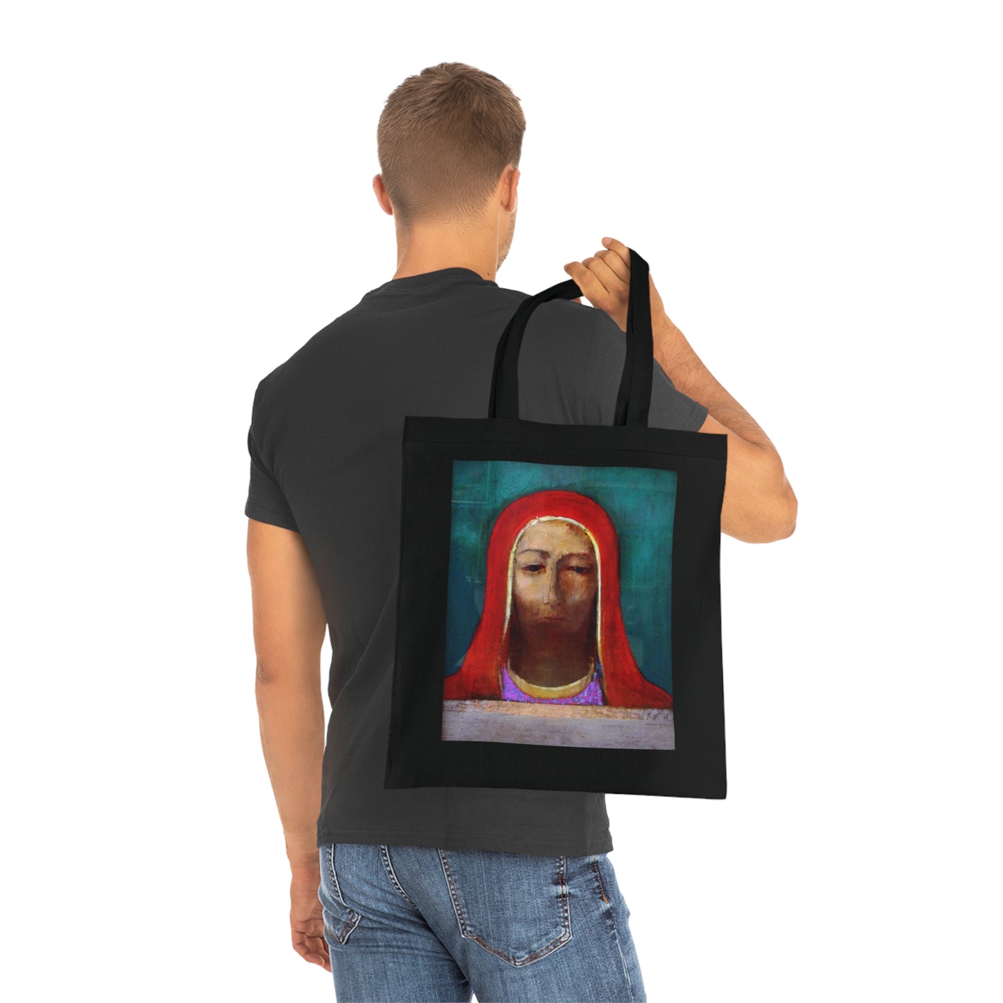 Art Portrait Tote Bag — Serene Red-Hooded Figure Canvas Cotton Tote