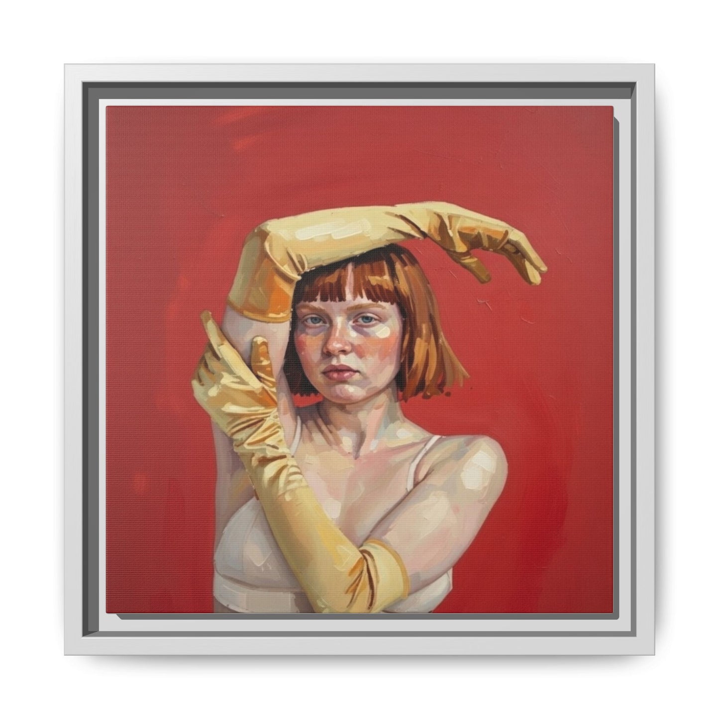 Framed Matte Canvas Art - Portrait of Woman in Yellow Gloves (Red Background)