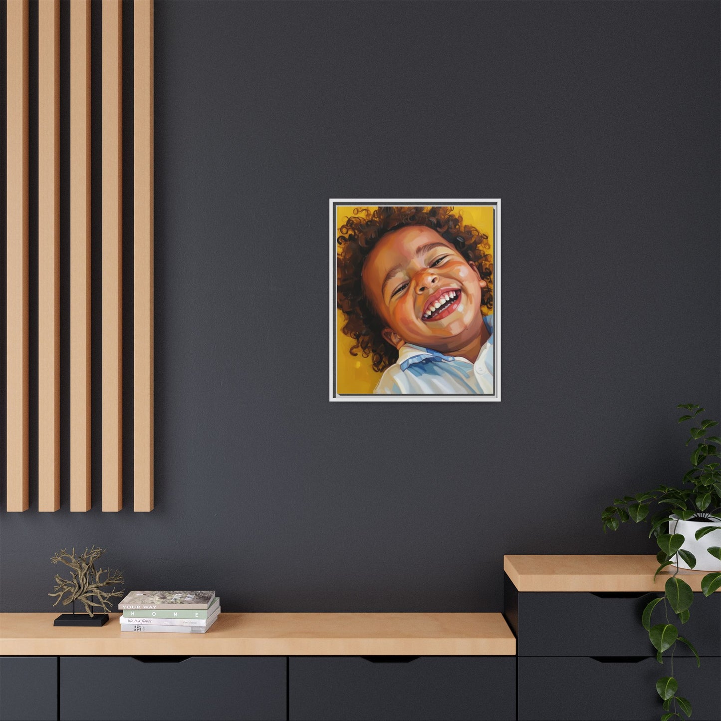 Framed Matte Canvas Print – Joyful Child Portrait, Colorful Nursery Wall Art