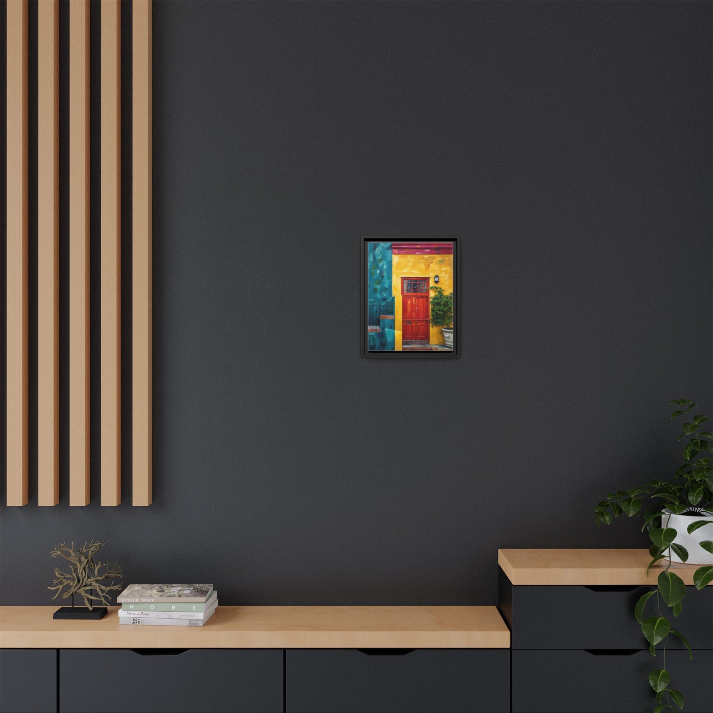 Framed Matte Canvas Wall Art — Colorful Red Door on Yellow Facade