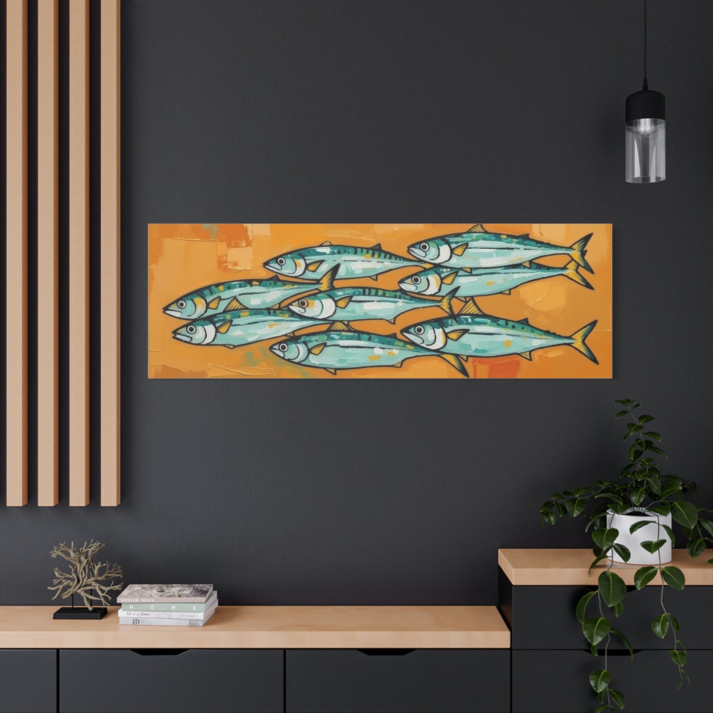 School of Mackerel Canvas Wall Art — Nautical Fish Painting on Orange Background