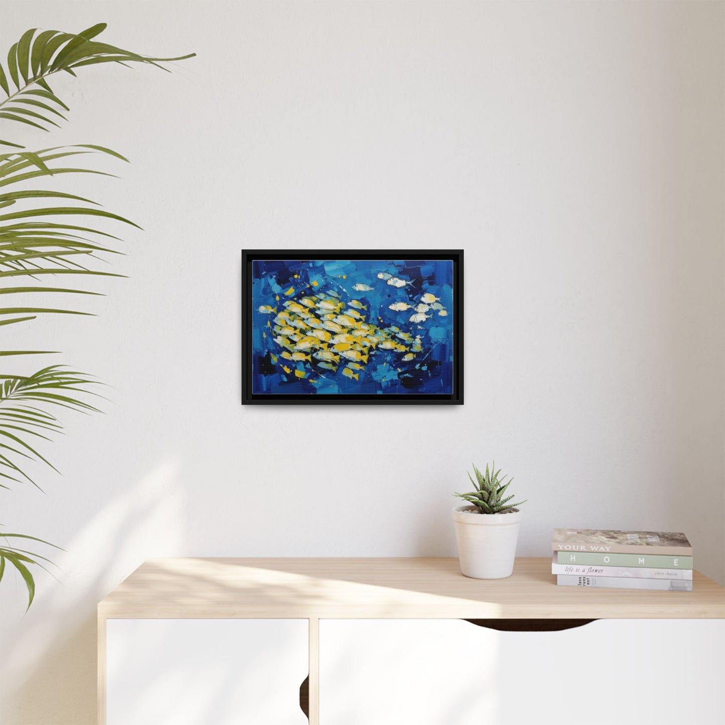 Framed Matte Canvas: Blue School of Fish Wall Art