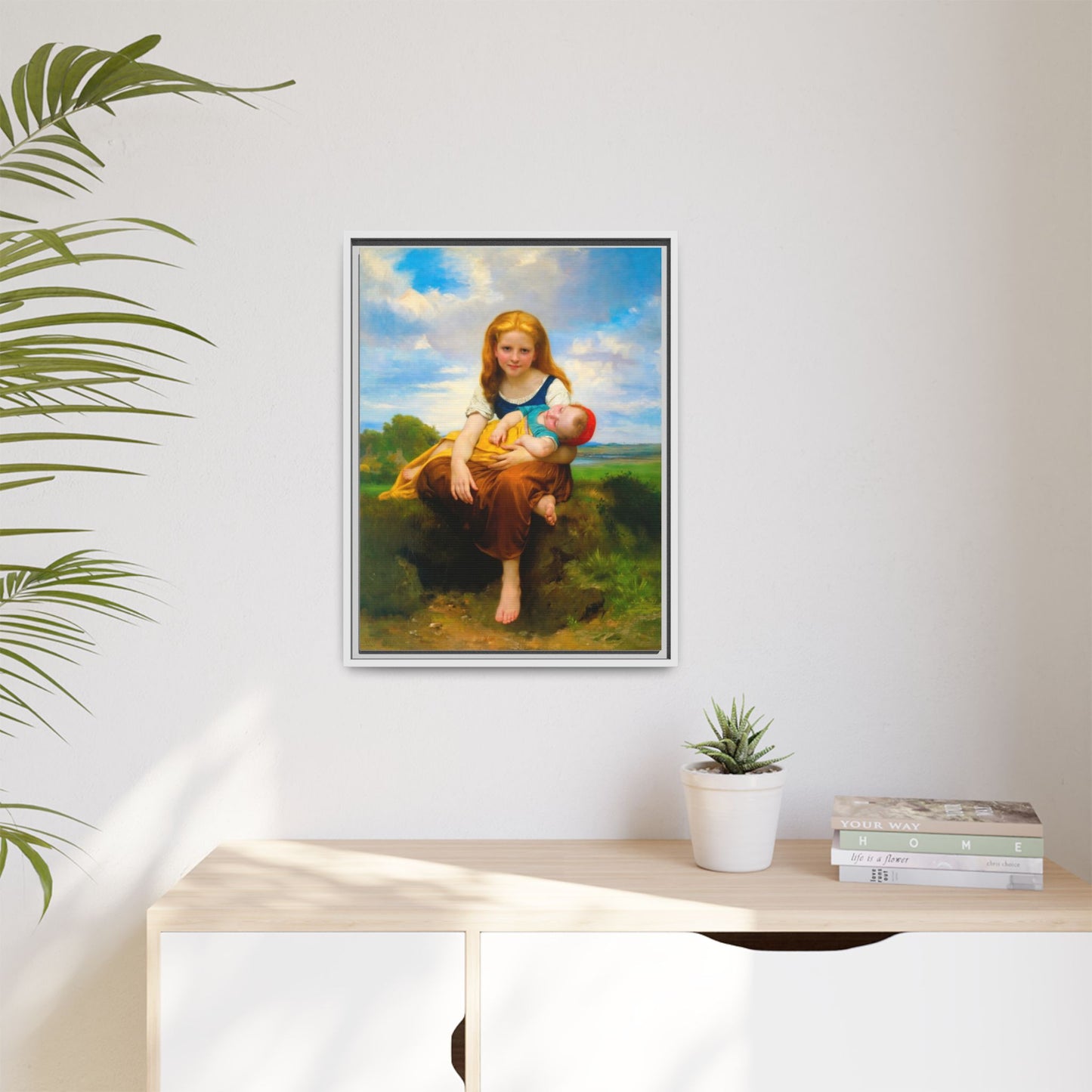 Young Girl Holding Sleeping Baby Canvas Print, Framed Wall Art