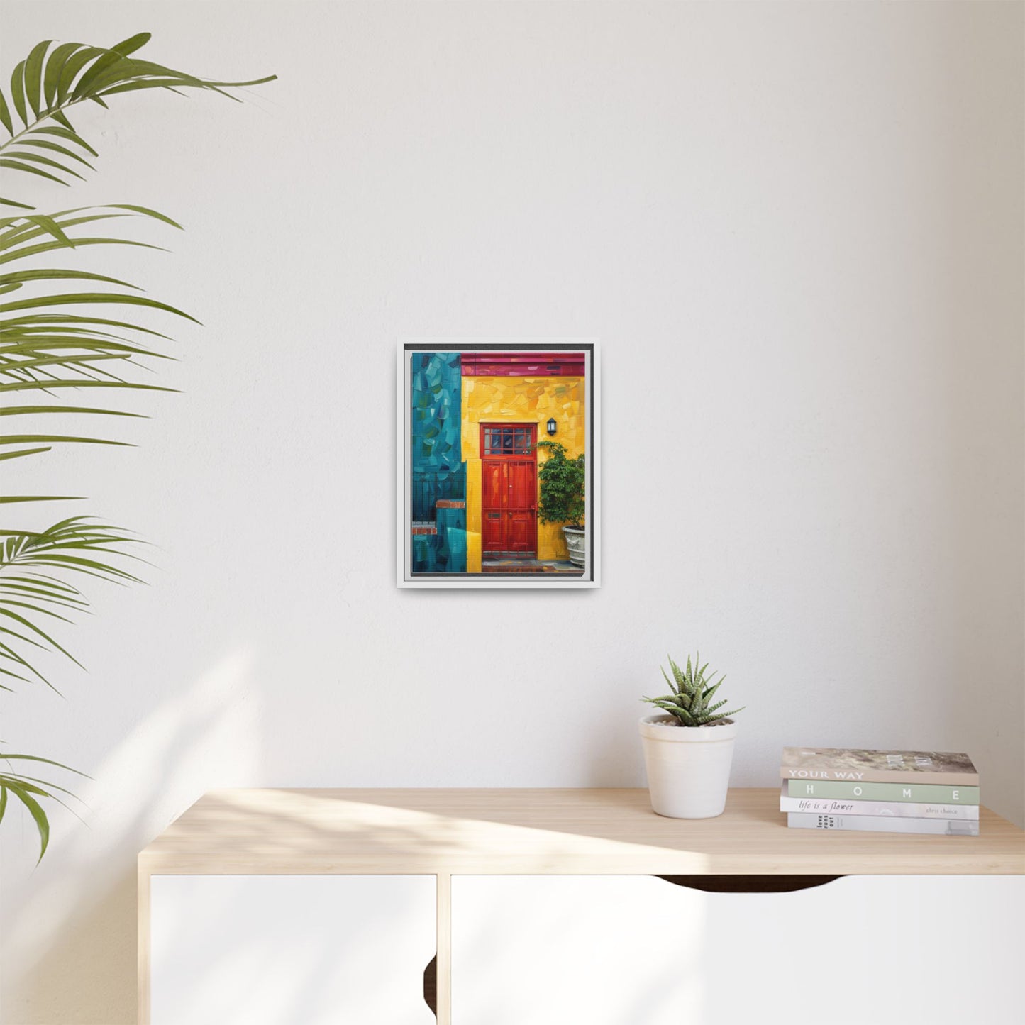 Framed Matte Canvas Wall Art — Colorful Red Door on Yellow Facade