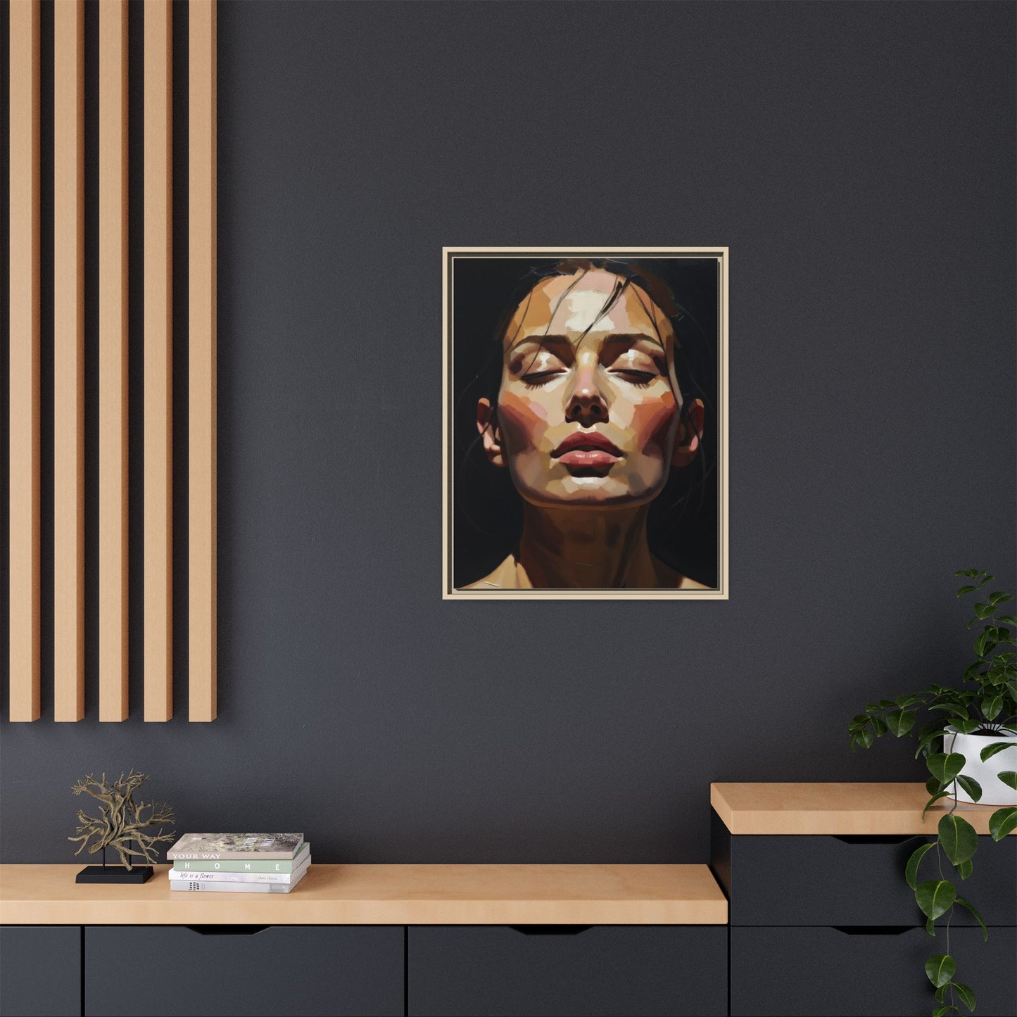 Framed Matte Canvas Portrait – Woman with Eyes Closed (Multi‑Color)