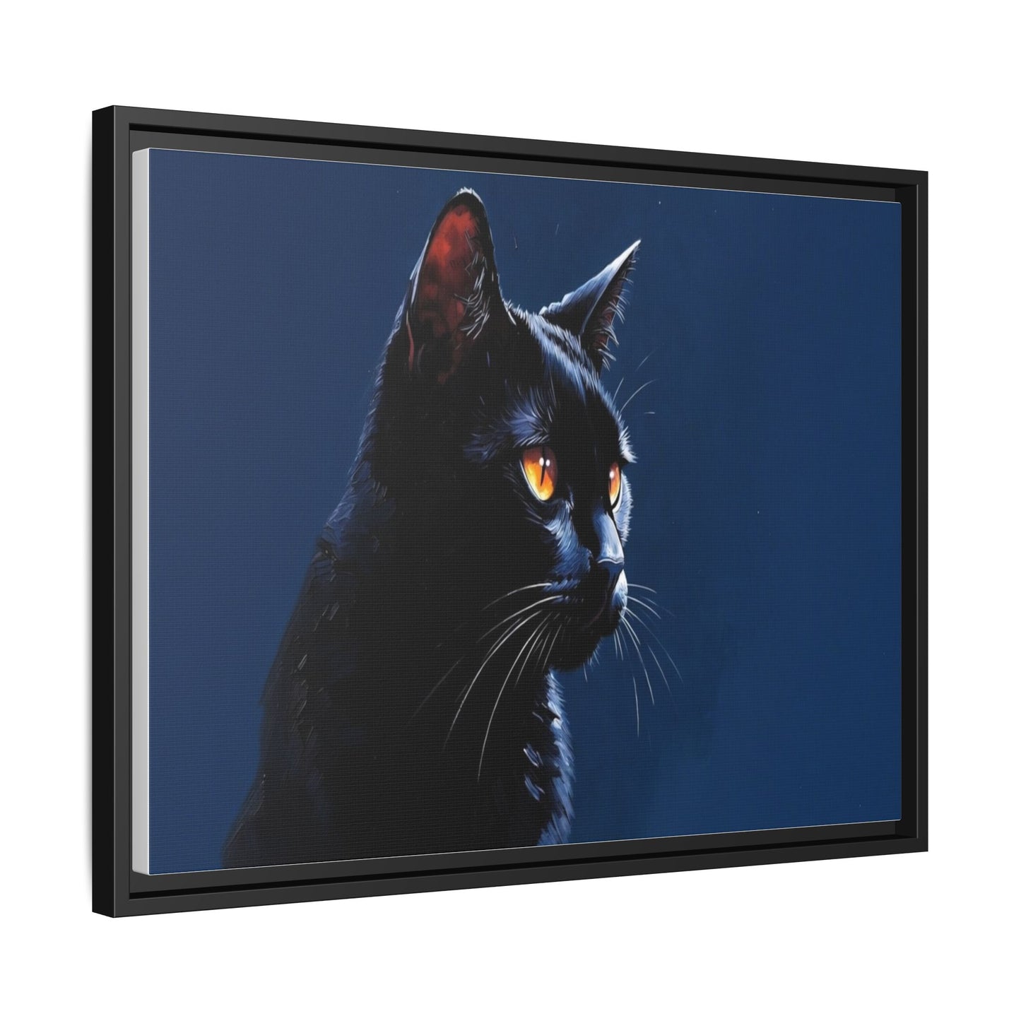 Black Cat Portrait Matte Canvas Framed Wall Art — Dramatic Feline Photo Print