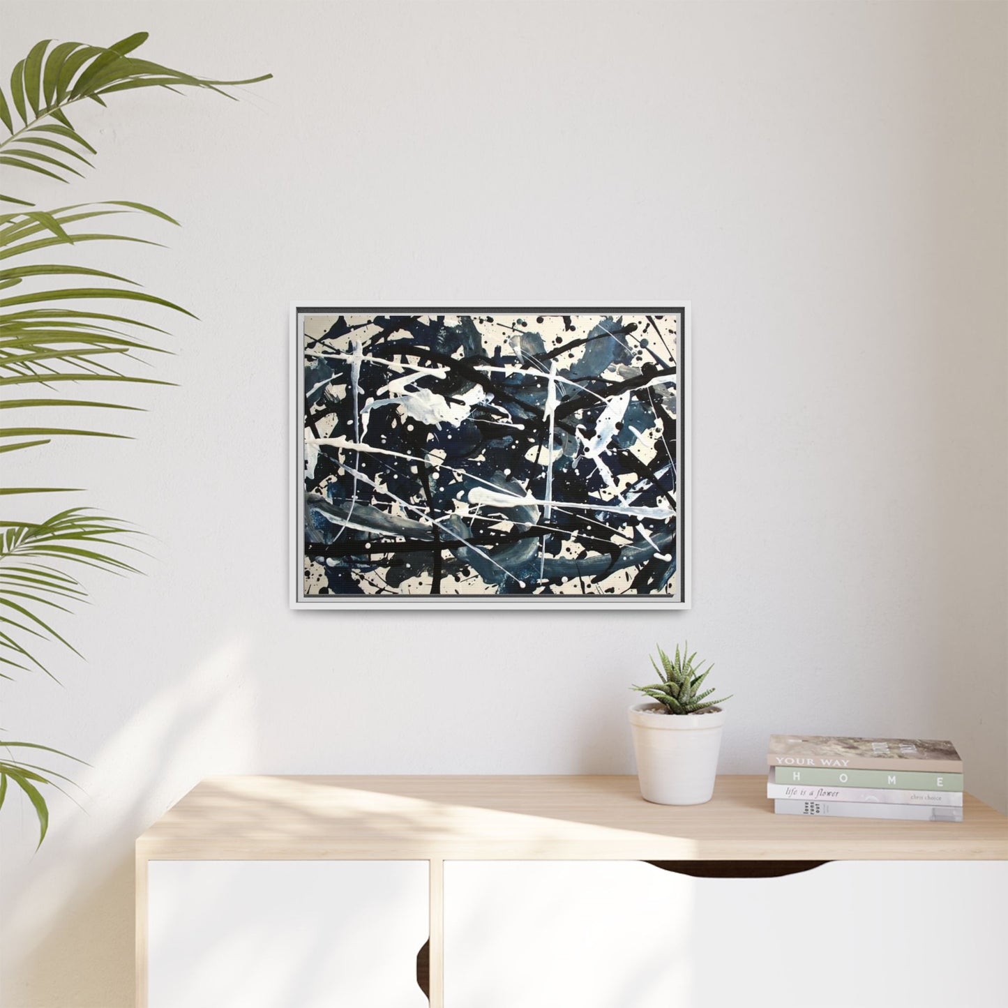 Abstract Splatter Matte Canvas Framed Wall Art — Black & Blue Modern Art Print