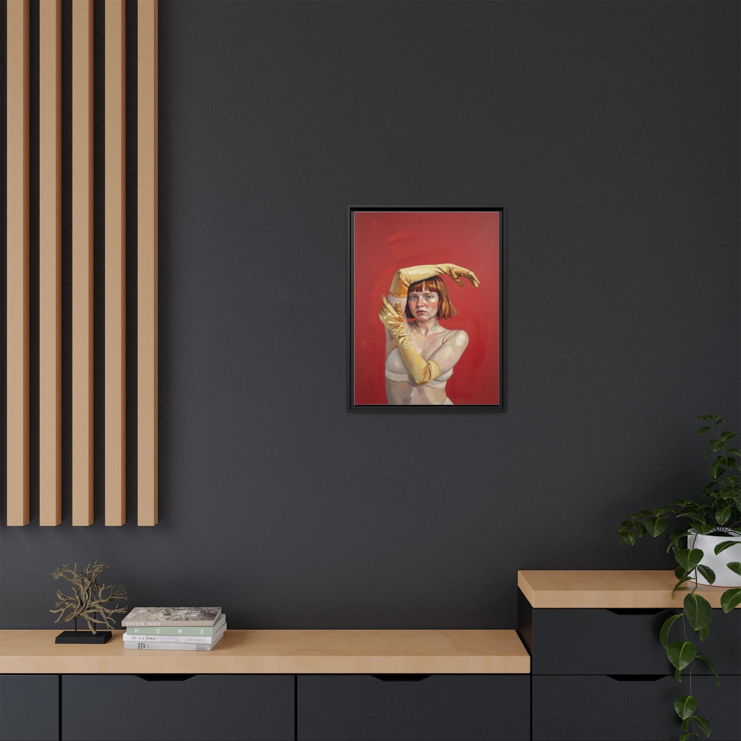Framed Matte Canvas Art - Portrait of Woman in Yellow Gloves (Red Background)