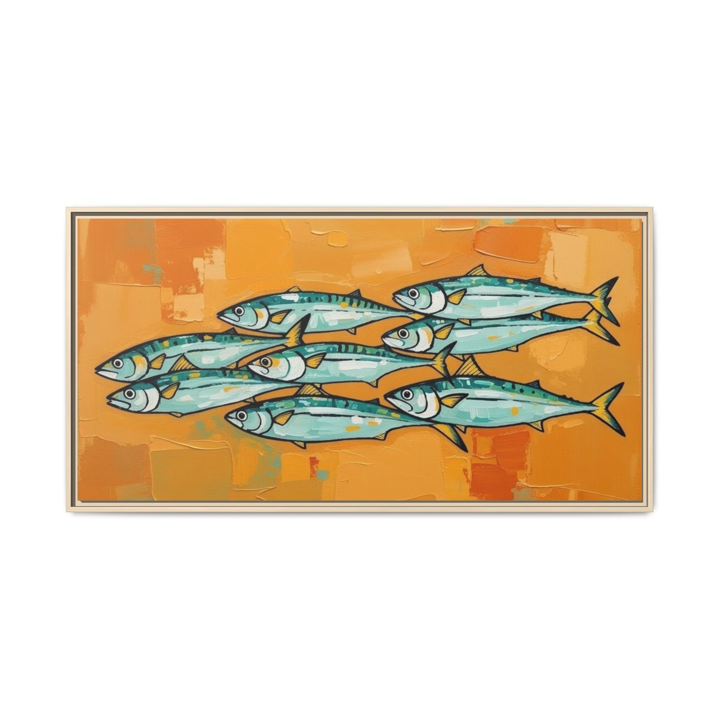 Framed Matte Canvas Print — School of Blue Fish on Orange Abstract Background