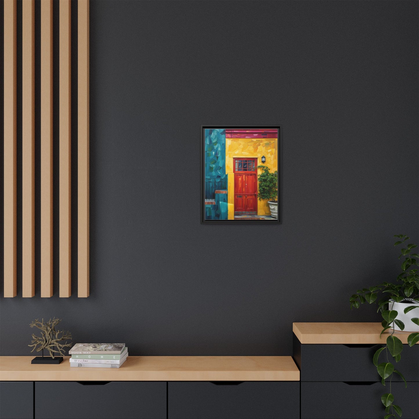 Framed Matte Canvas Wall Art — Colorful Red Door on Yellow Facade