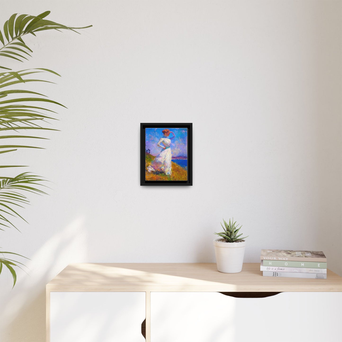 Framed Matte Canvas Art - Woman in White Seaside Impressionist Print