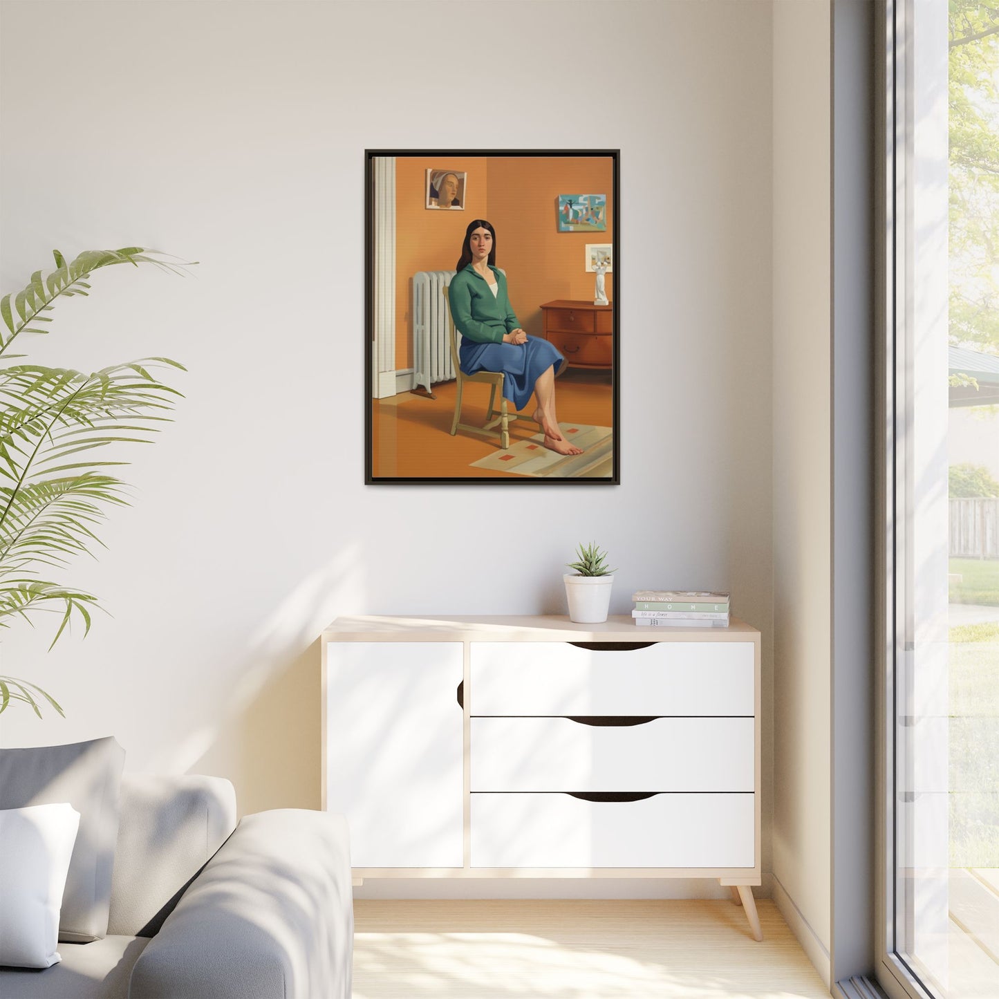 Framed Matte Canvas Print — Woman Seated in Warm Interior (Midcentury Portrait)