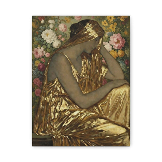 Golden Muse Canvas Print — Woman in Gold Floral Art (Stretched Matte)
