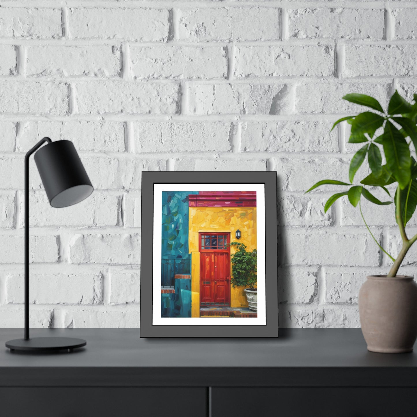 Framed Art Print - Vibrant Red Door Street Scene Poster