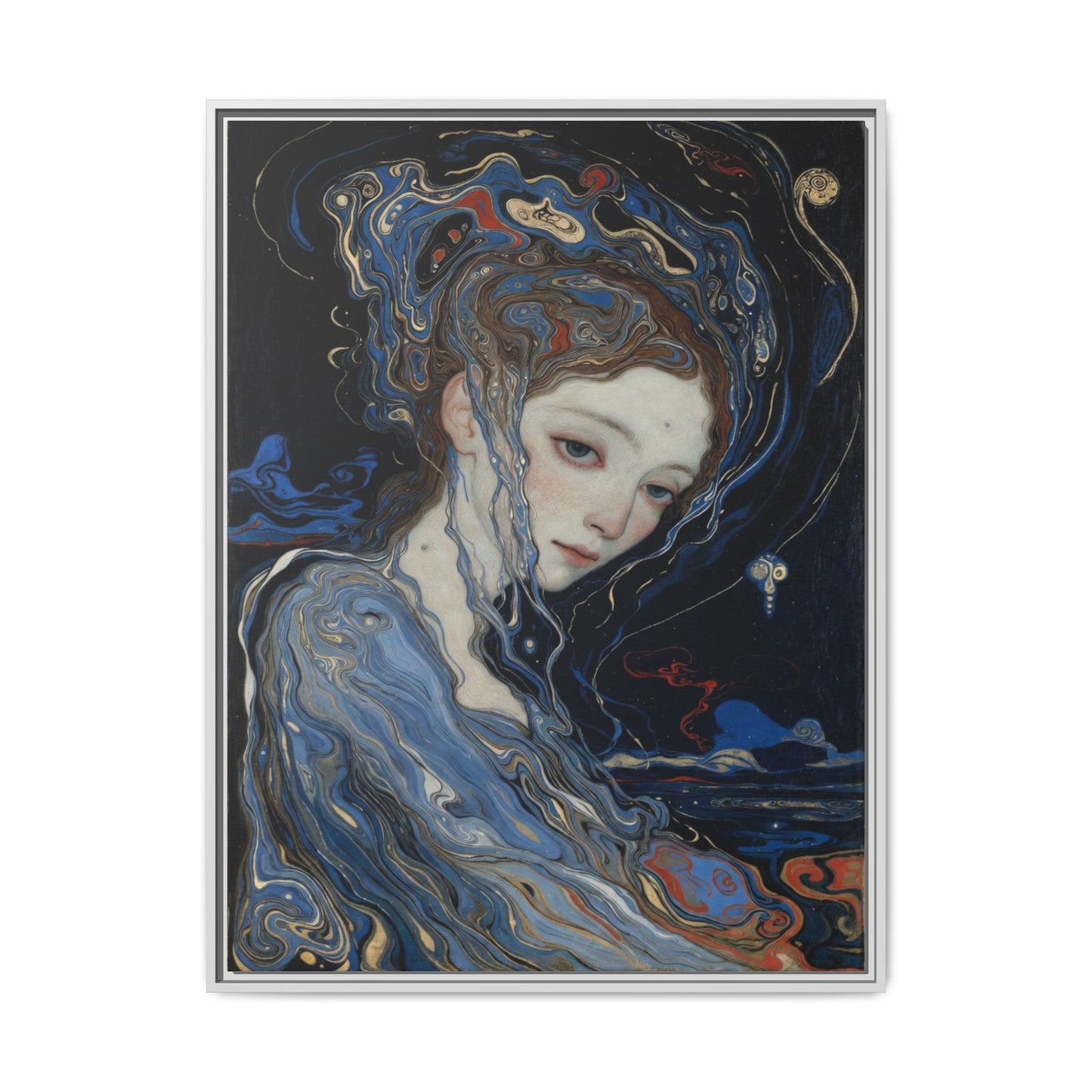 Framed Matte Canvas Art Print — Surreal Blue Maiden Portrait