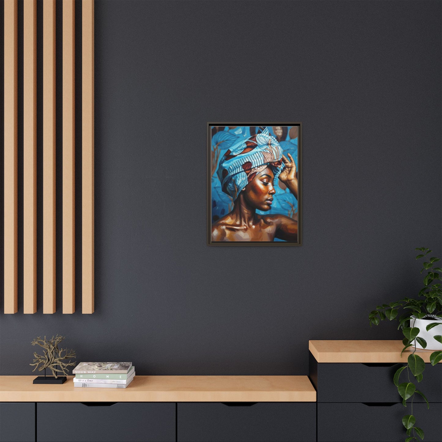 Framed Canvas Art — Portrait of Woman in Blue Headwrap
