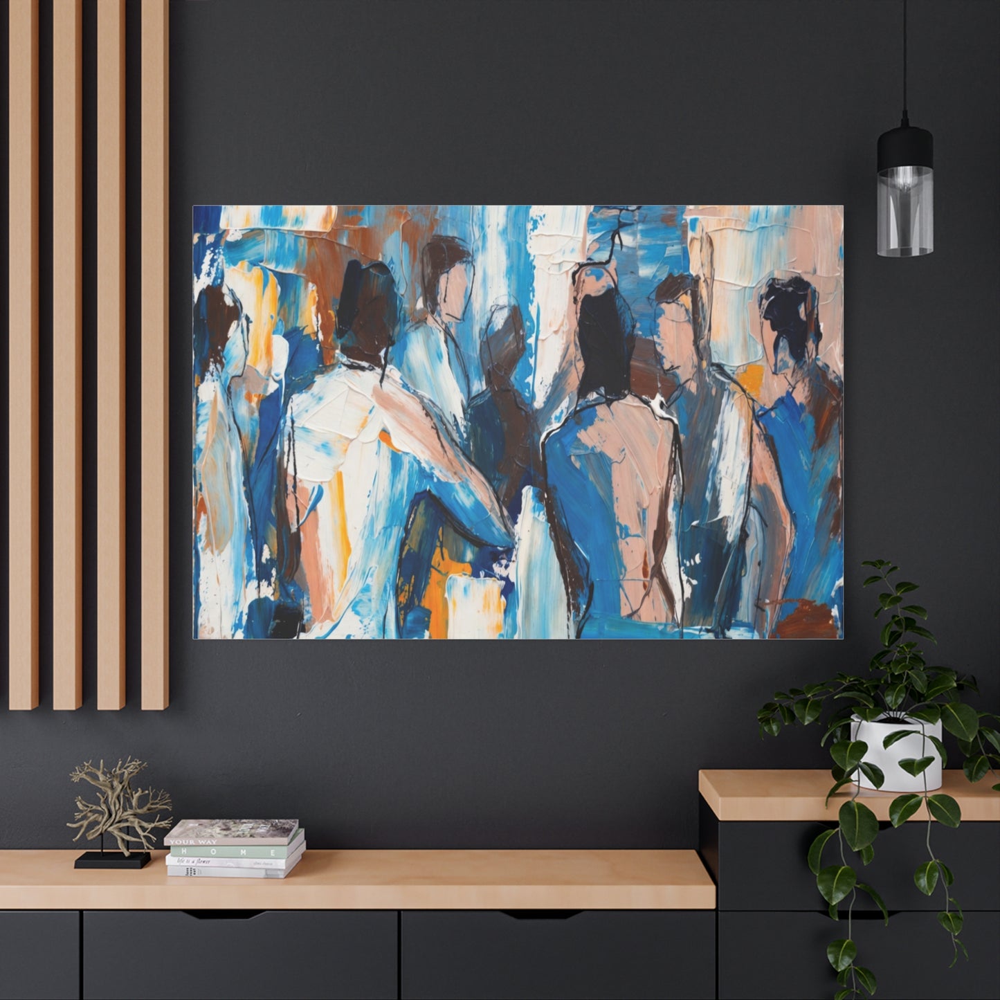 Abstract Figurative Canvas Art — Blue Social Scene Matte Stretched Canvas