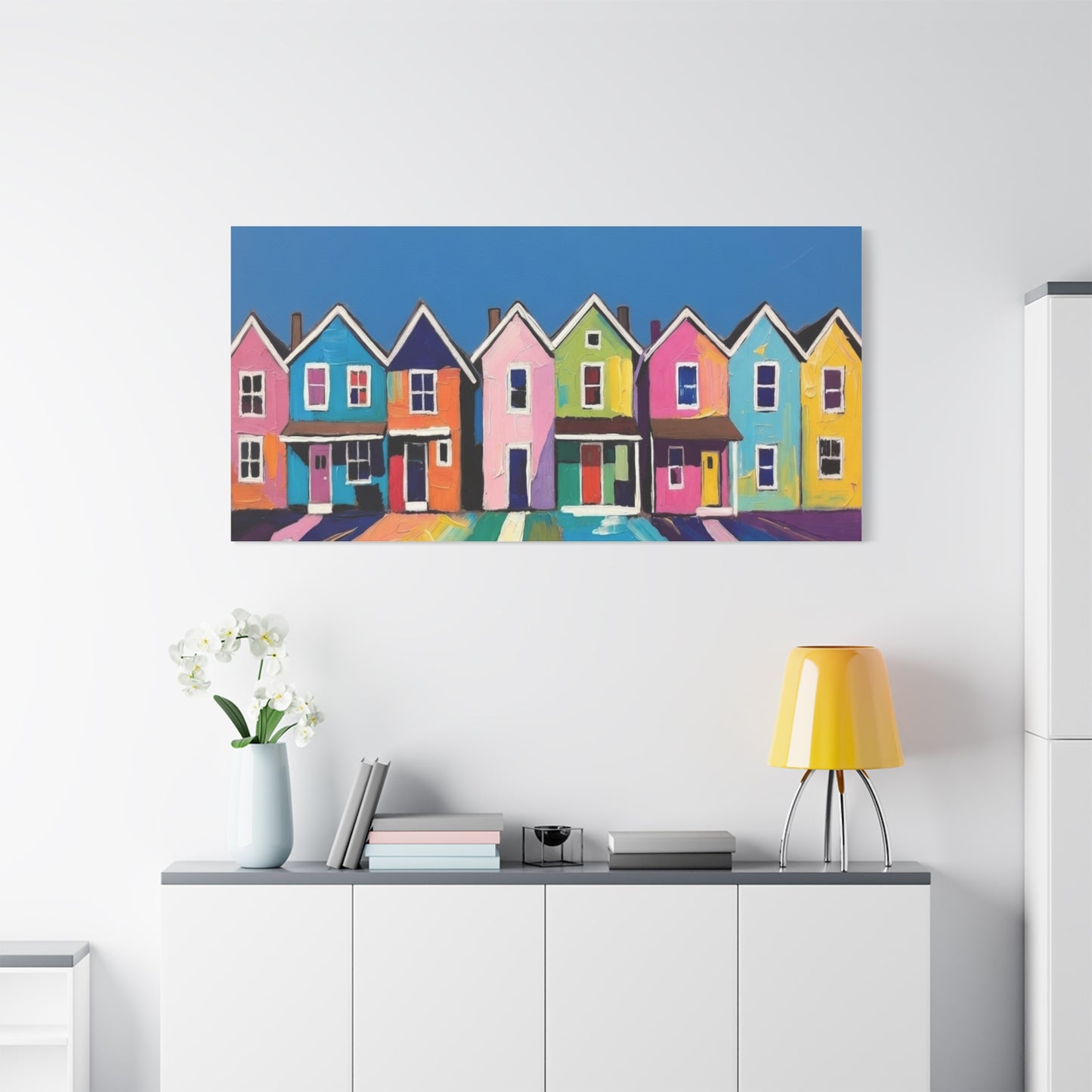 Colorful Row Houses Matte Canvas Print Vibrant Coastal Neighborhood Wall Art