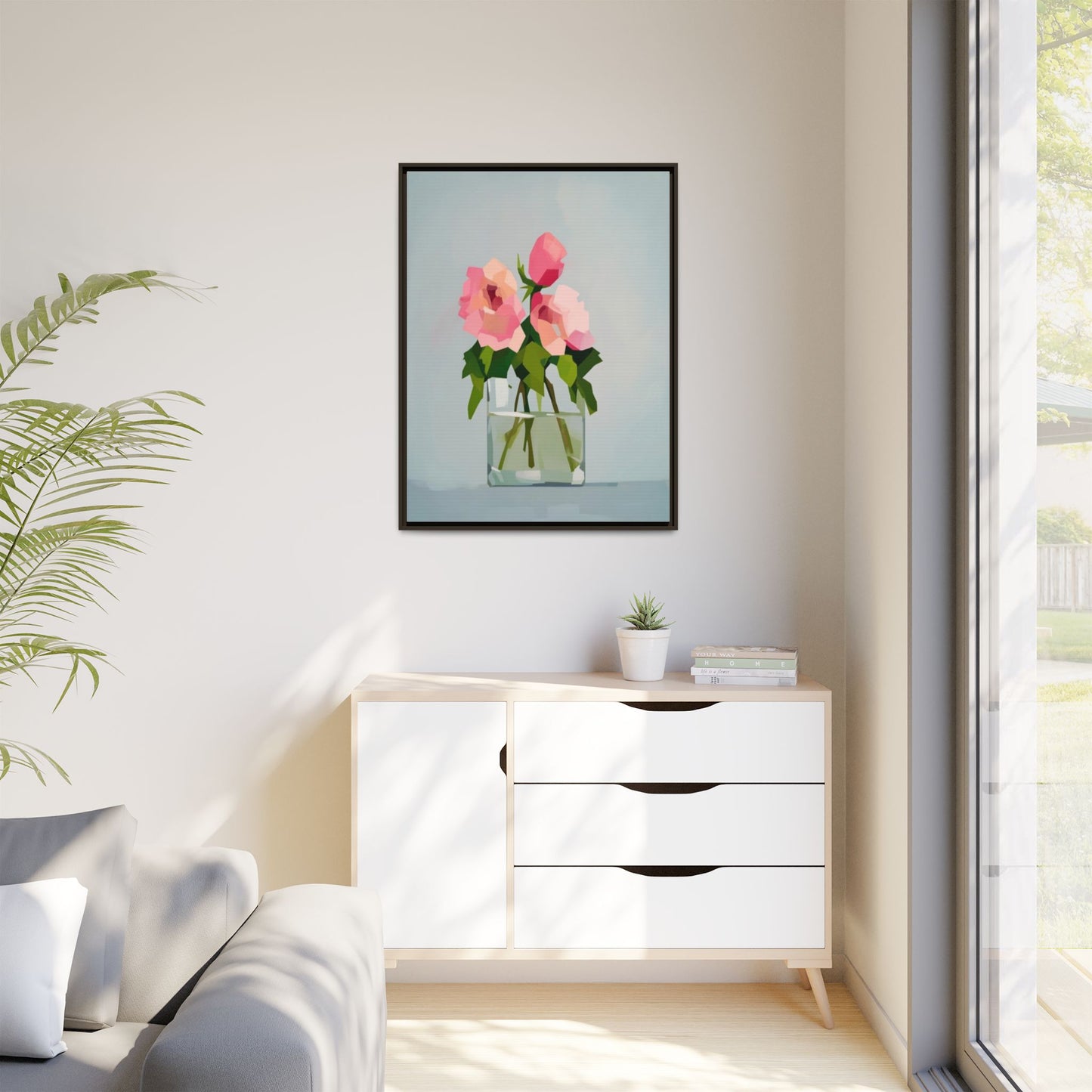 Framed Floral Canvas Print — Pink Roses in Glass Vase (Matte)