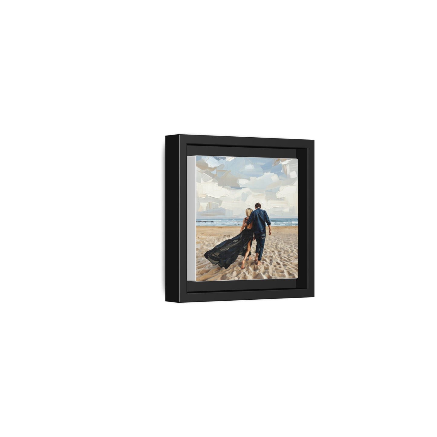 Framed Canvas Wall Art — Romantic Couple Walking on Beach Print