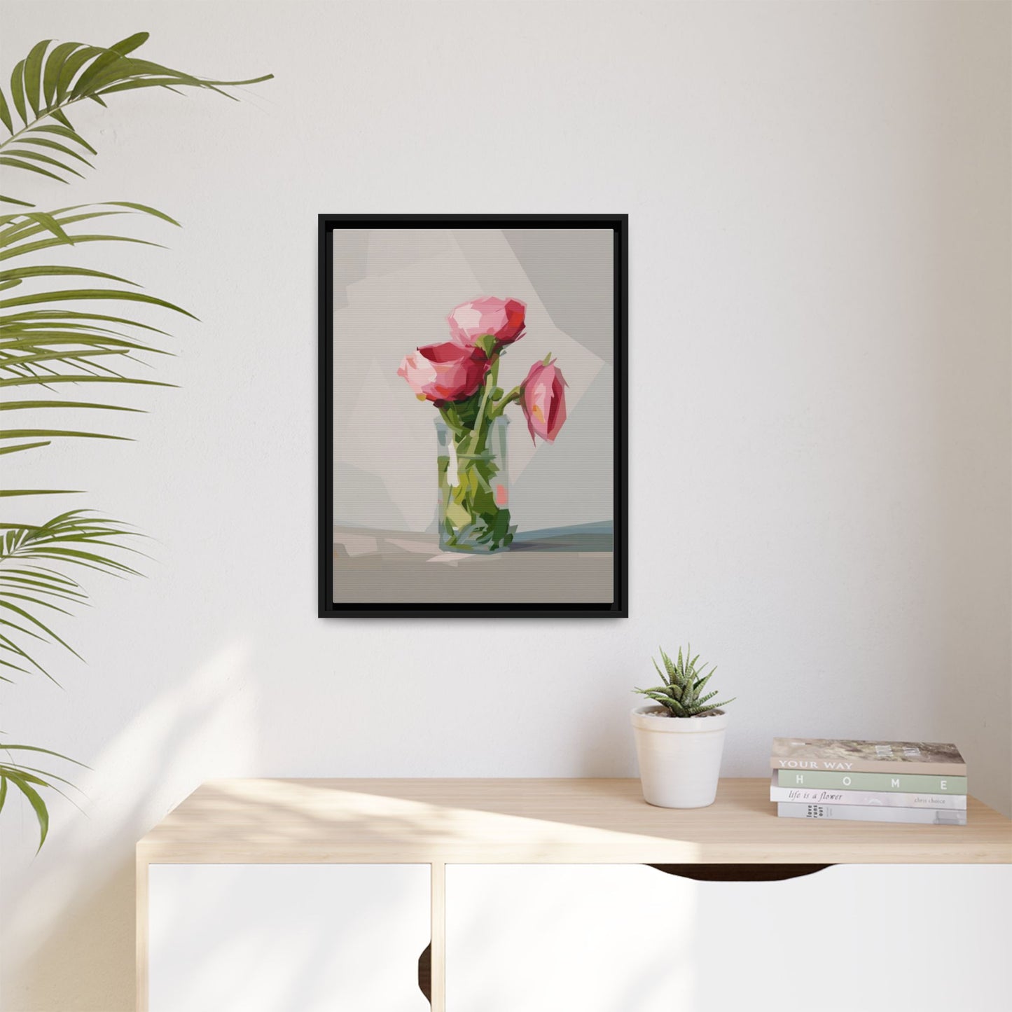 Framed Canvas Art — Pink Roses in Vase, Modern Floral Wall Print