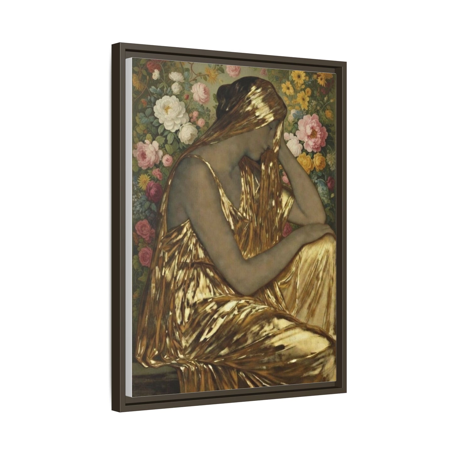 Framed Canvas Art Print — Golden Muse Woman with Floral Background