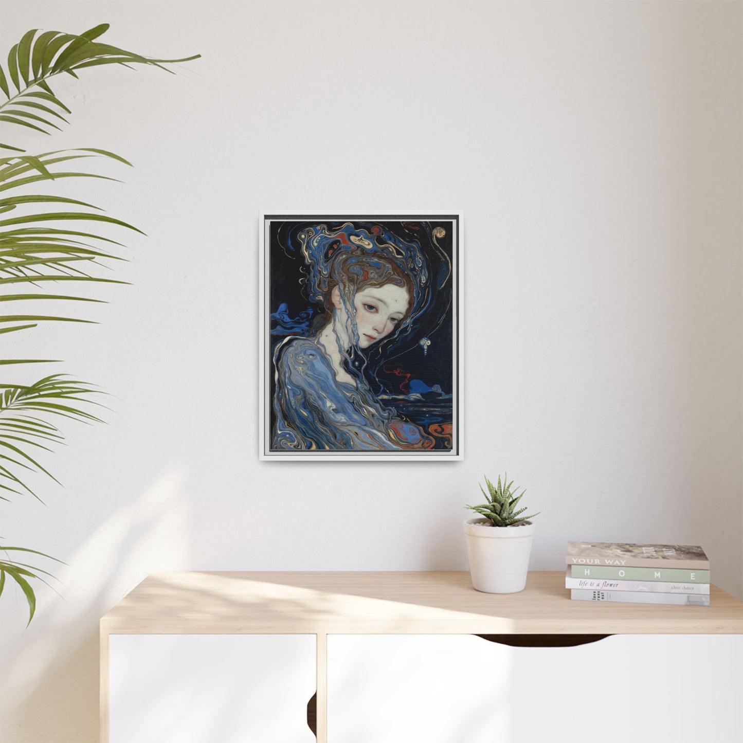 Framed Matte Canvas Art Print — Surreal Blue Maiden Portrait