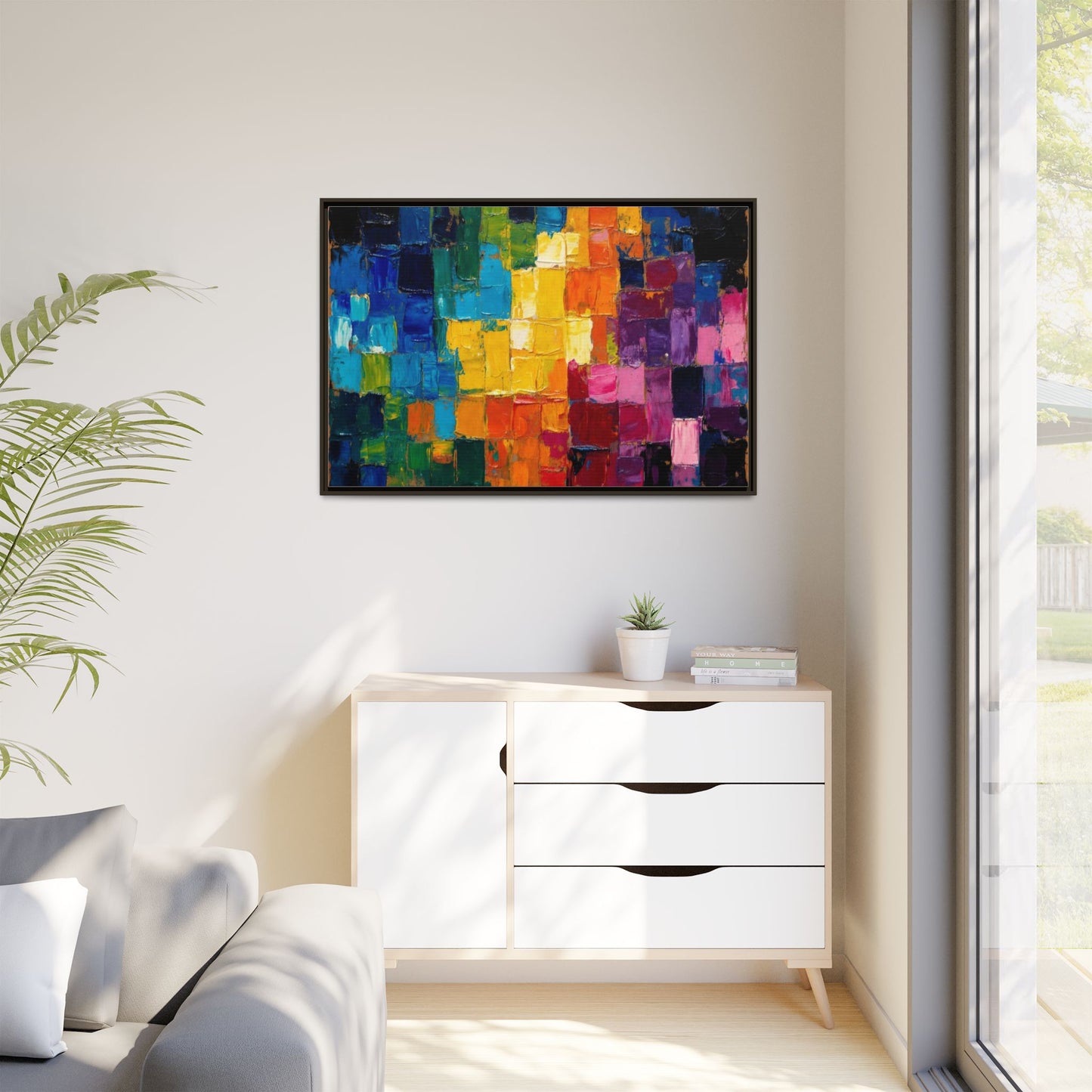 Abstract Rainbow Mosaic Framed Canvas Print — Colorful Modern Wall Art